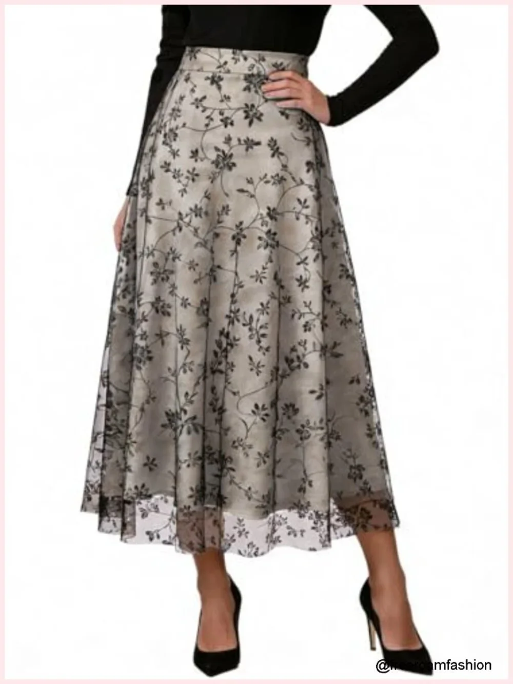 Floral Chiffon Midi Skirt, High Waist A-Line Side Zipper Elastic Waist, Wedding